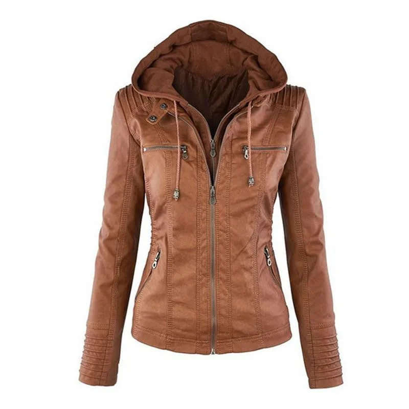 Women's Leather Jacket Coat Hoodies Hooded Lapel Zipper Detachable Leather Jacket Female