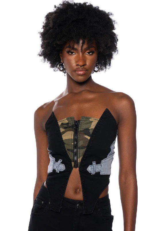 AVIATOR CAMO AND DENIM CORSET TOP