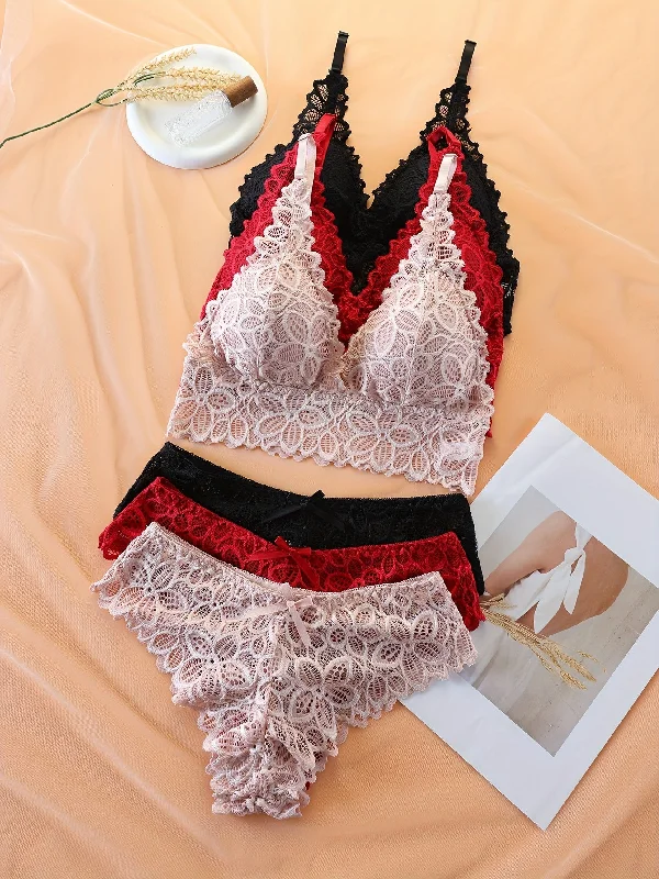 Floral Lace Bra  Panties Set Wireless Push Up  Womens Lingerie