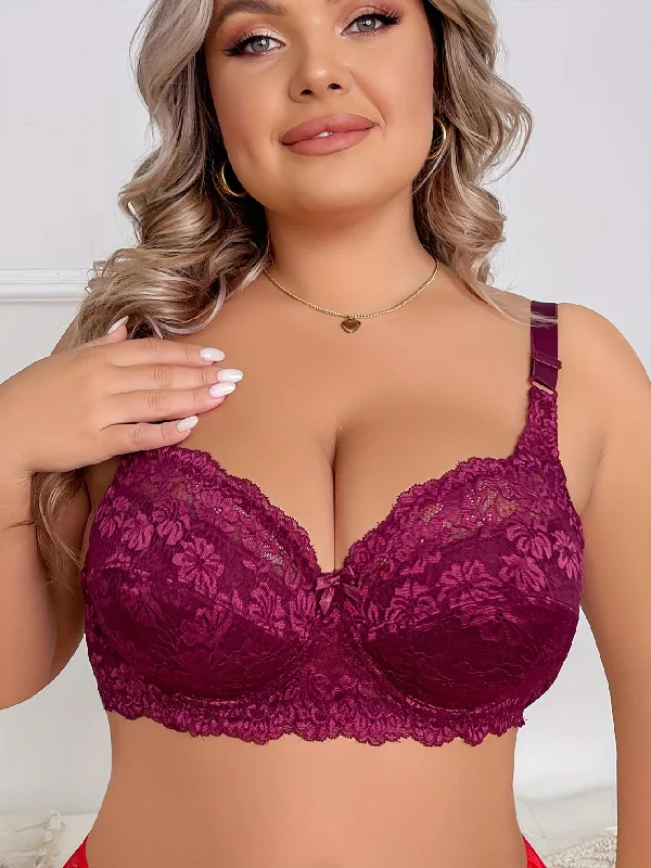 Floral Lace Plus Size Bralette Elegant Full Coverage with Mini Bow