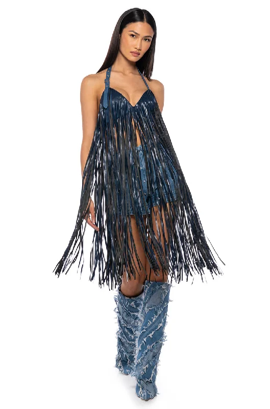 RAVE GIRL DENIM HALTER FRINGE BRA TOP