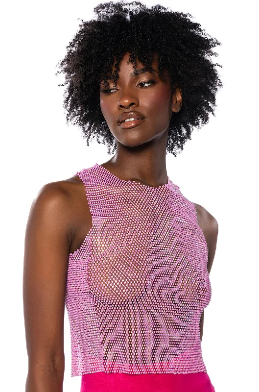 ZELDA RHINESTONE MESH SLEEVELESS TOP IN PINK