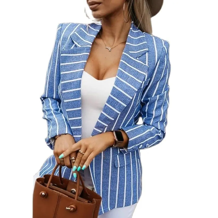 Spring Female Tailored Coats Blue Striped Long Sleeve One Button Office Lady Elegant Blazers Fashion Women Jacket Outerwear