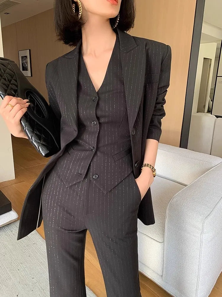 Chic Women's Black Pinstripe Suit Set - Elegant Haute Couture Jacket and Vest for Spring & Autumn Style