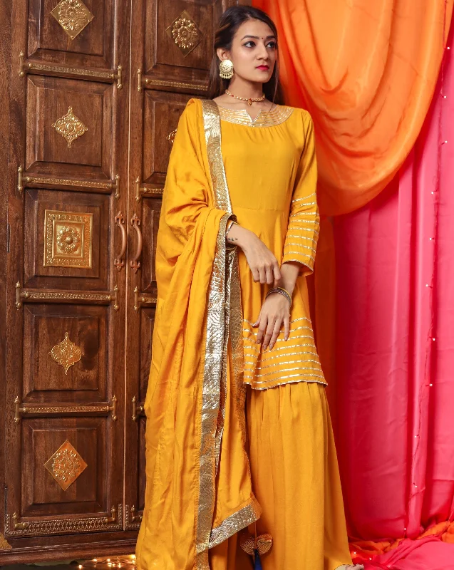 Bright Yellow Gotta Work Suit Set With Yellow Dupatta