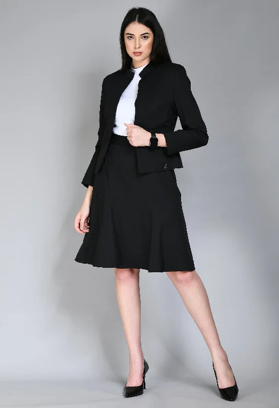 Black Cotton Blend Striped Mandarin Collar Short Blazer