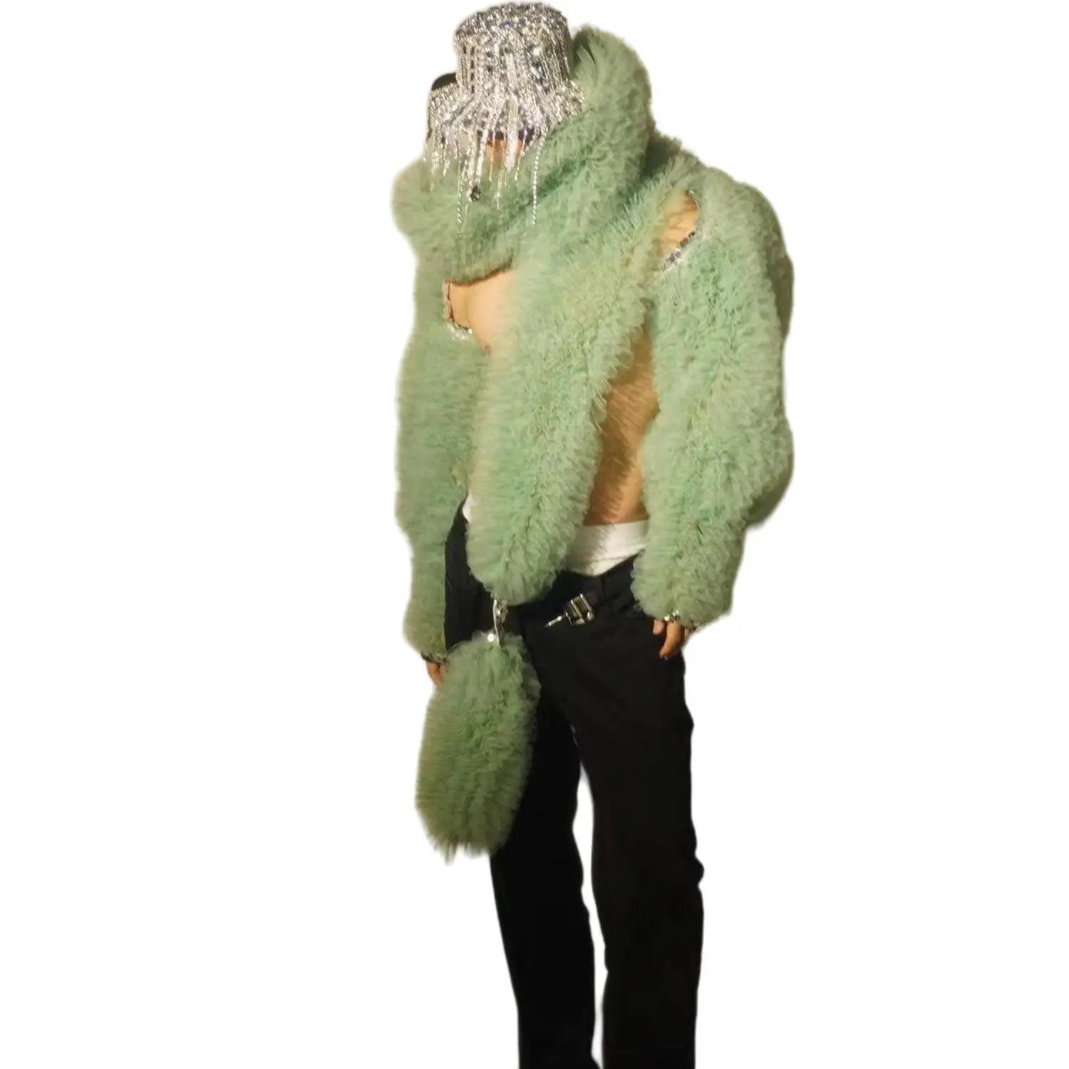 Glamorous Green Faux Fur Stage Jacket for Men and Women - Eye-Catching Performance Wear for DJs and Singers