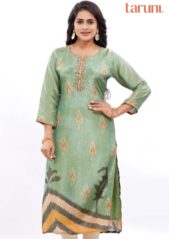 Mehndi Green Ikkat Printed Tissue Silk Straight Cut Kurti