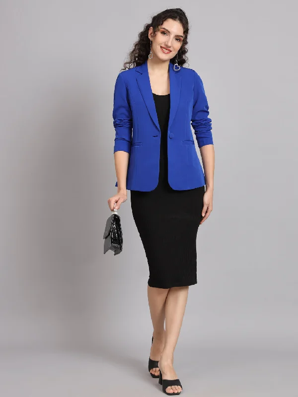 Ink Blue Polyester Notch Collar Stretch blazer