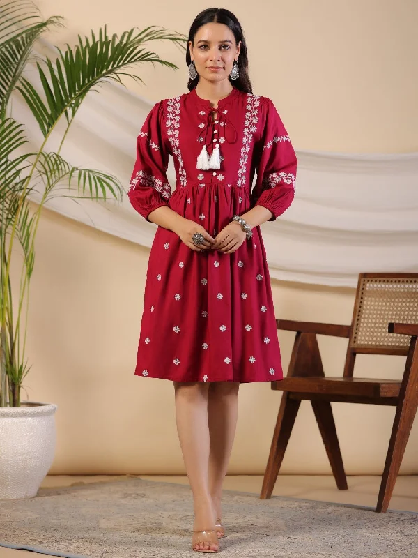 Women Wine Rayon Embroidered Dress