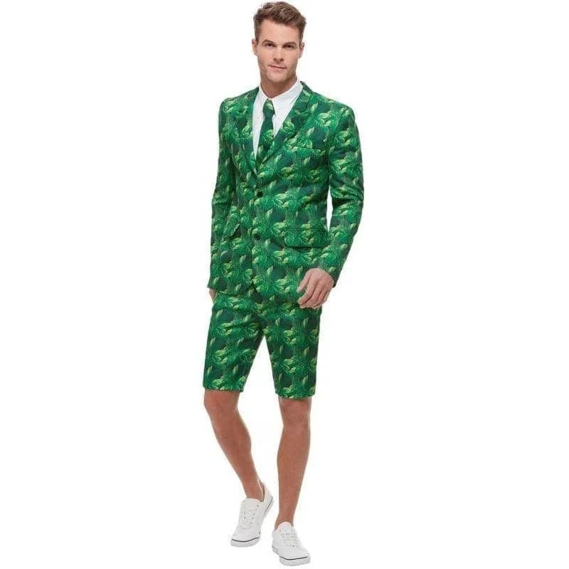 Tropical Palm Tree Suit Adult Green Jacket Shorts Tie