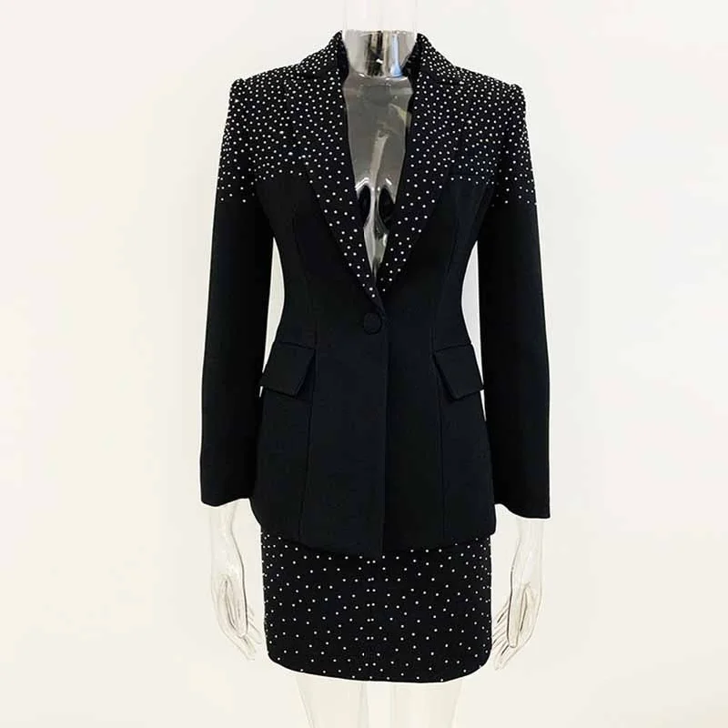 Women Black Bling Bling Hot Drill Studs Fitted Blazer + Mini Skirt Suit Black