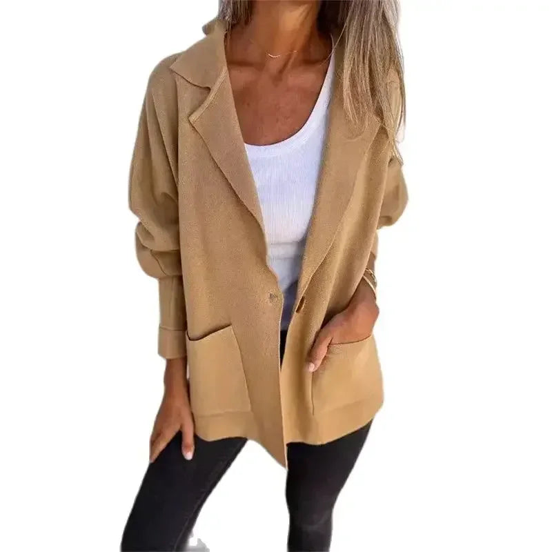 Women Single Button Cardigan Jackets Double Pocket Patchwork Hem Blazer Collar Outerwear Female Autumn Winter Long Sleeves Coat