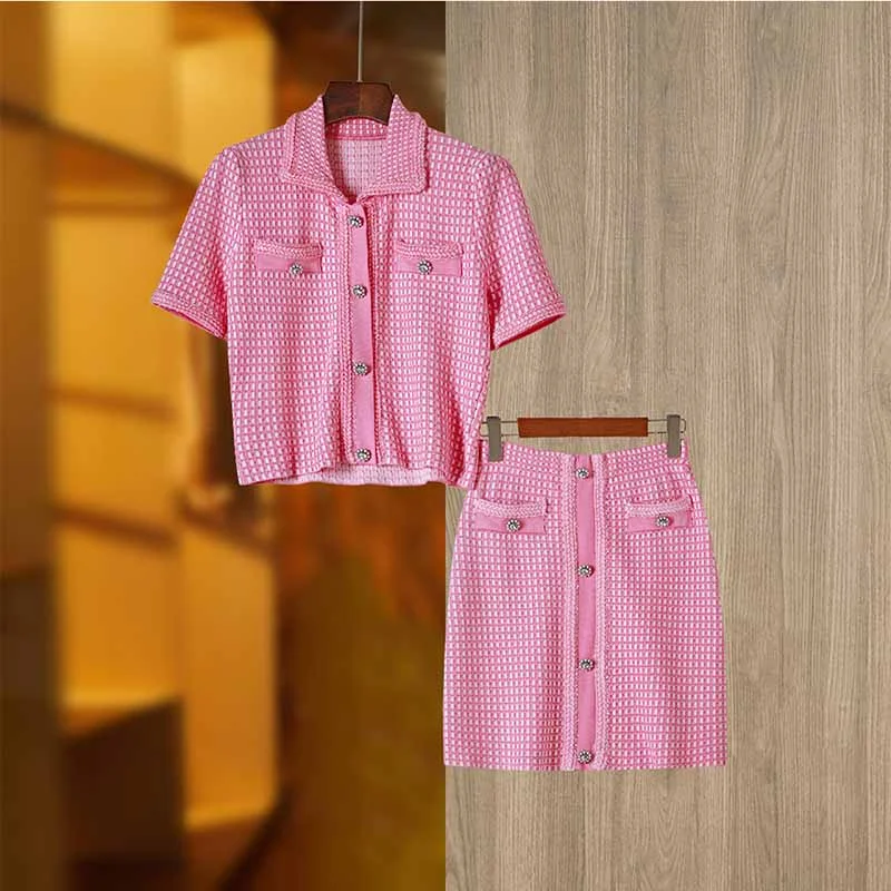 Women Tweed Two Pieces Pink Suit Short Sleeve Skirt Set