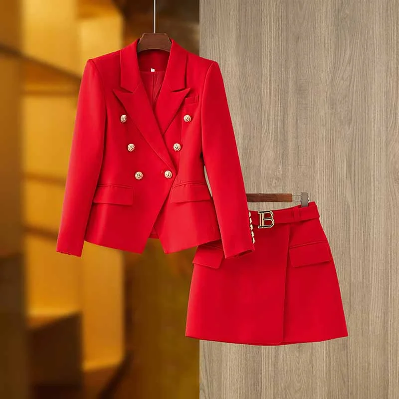 Women's Golden Lion Buttons Red Skirts Blazer Suit Jacket + High Waist Skirts Belt Suit