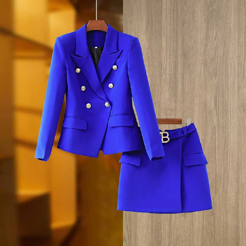 Women's Golden Lion Buttons Royal Blue Skirts Blazer Suit Jacket + High Waist Skirts Belt Suit