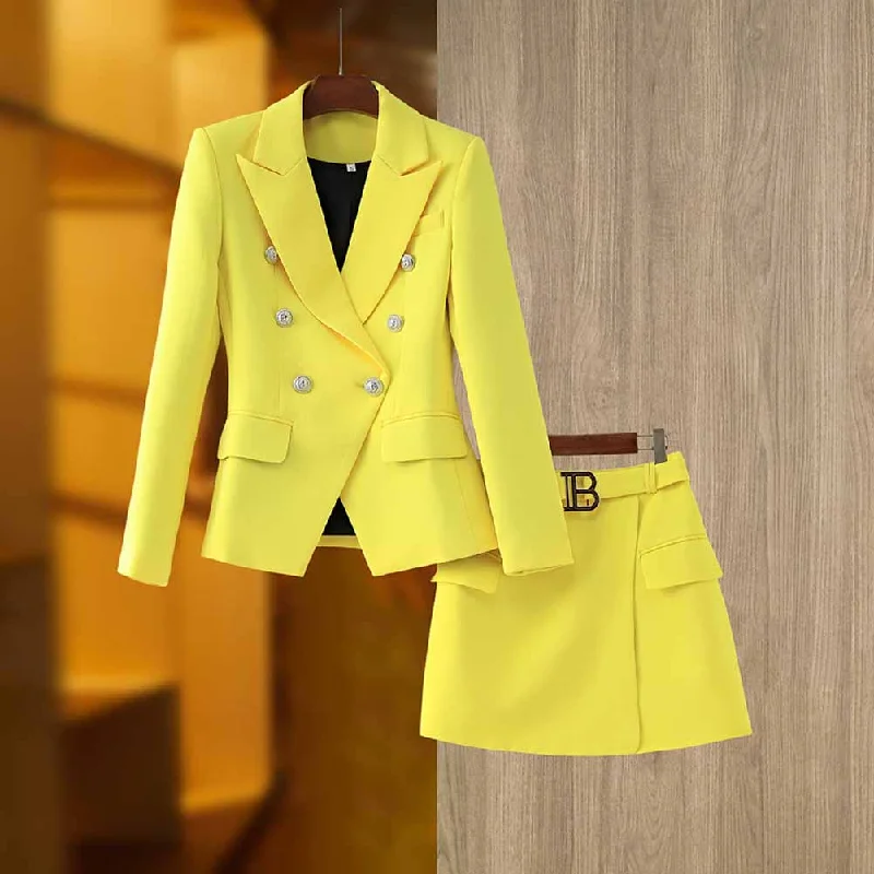 Women's Golden Lion Buttons Yellow Skirts Blazer Suit Jacket + High Waist Skirts Belt Suit