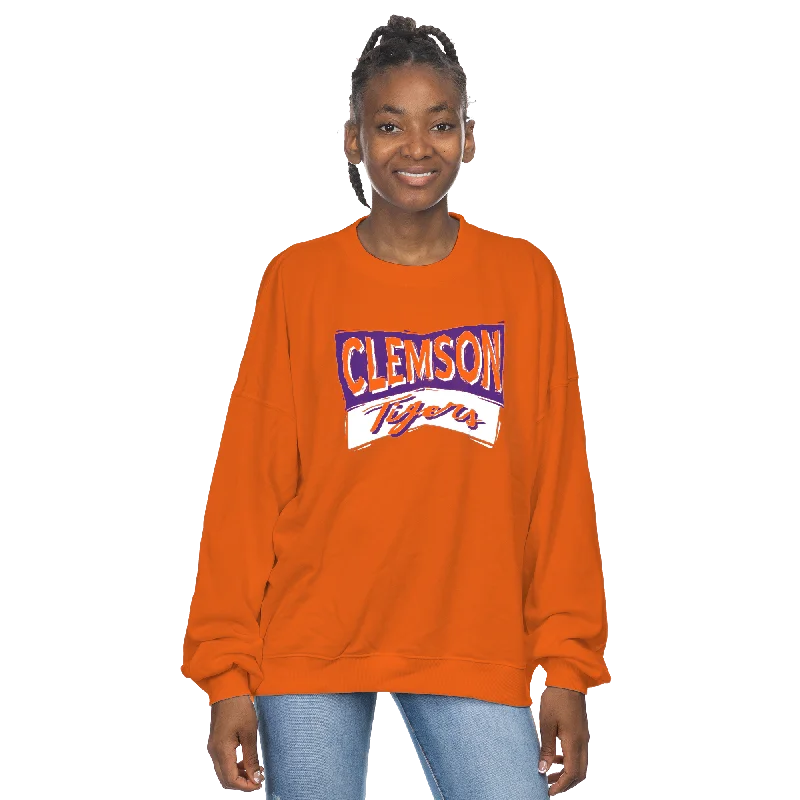 Clemson Oversized Orange Solid French Terry Crew with Purple and White Print