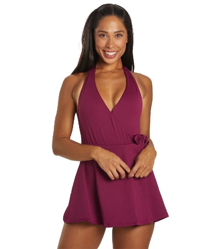 Dolfin Women's Aquashape Solid Wrap Halter Swim Dress Cabernet