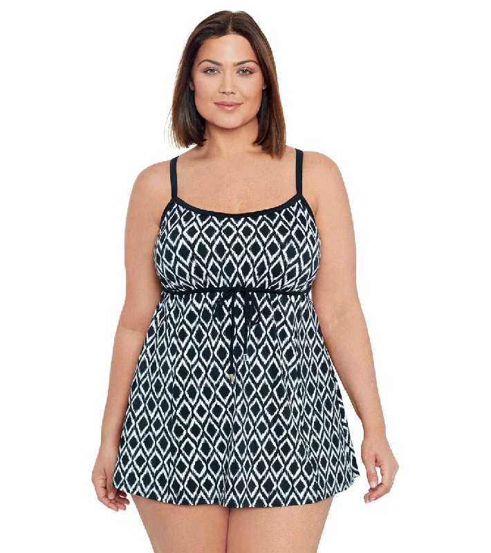 Shape Solver By Penbrooke Women's Plus Size Batik Charm Empire Swim Dress